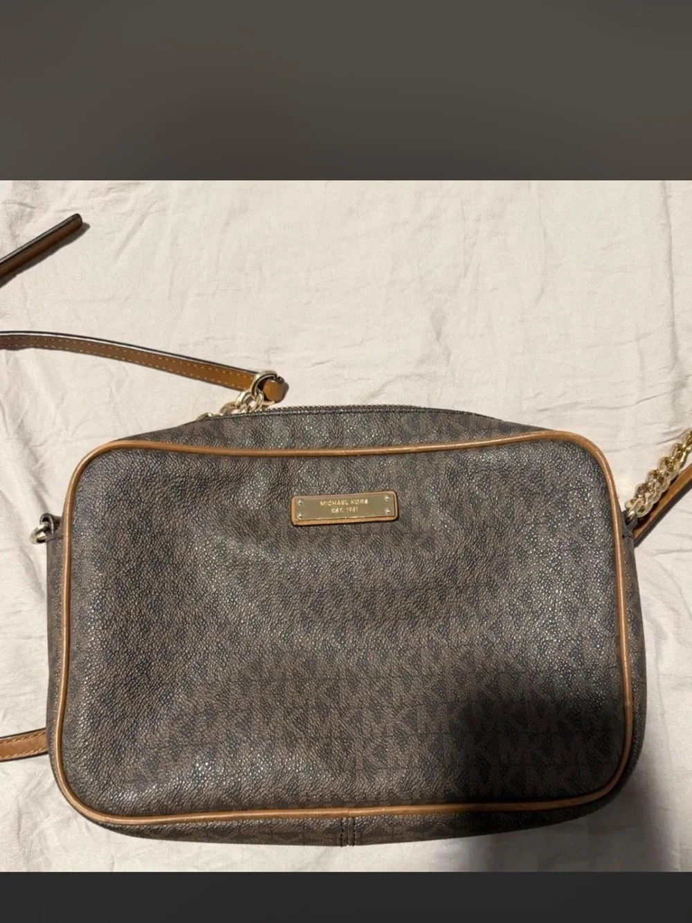 Michael Kors Dark Brown MK Logo Satchel with Gold Plaque